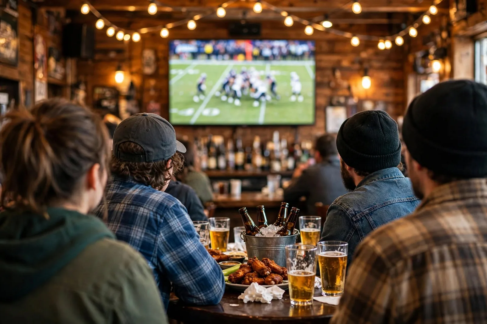 Fans at the bar watching a football game on a big TV, with wings and cold beers on the table